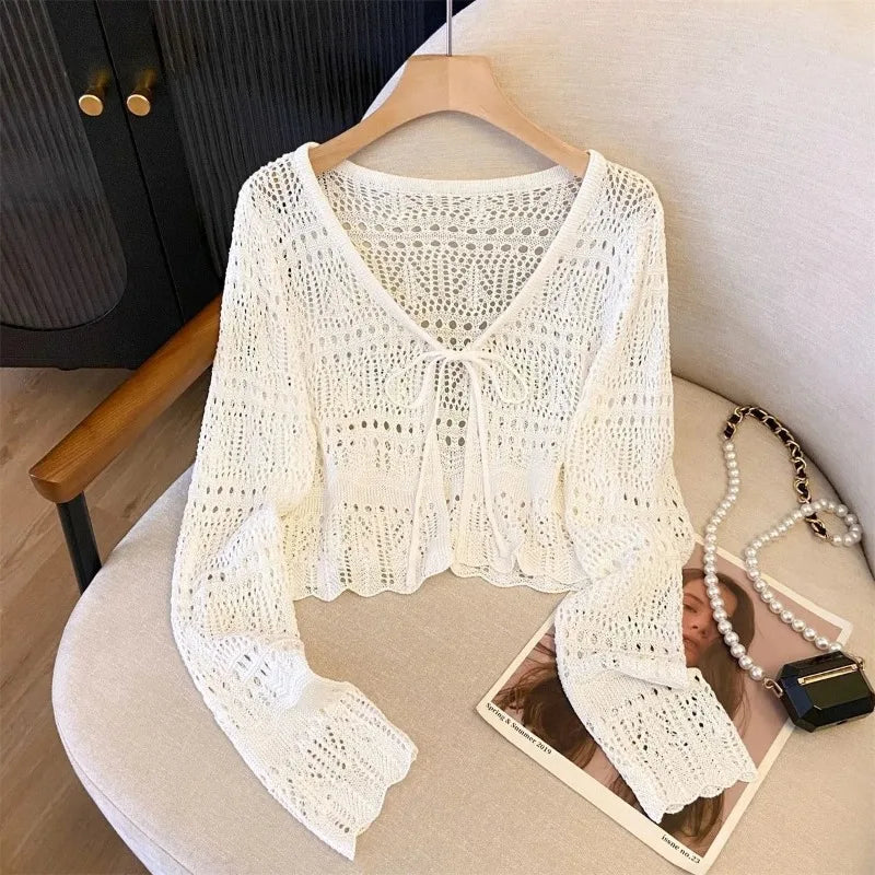 Outdoor Sunscreen Cropped Knit Cardigan Ladies Tie Front Hollow Crochet Shrug Breathable Beach Daily Casual Outerwear
