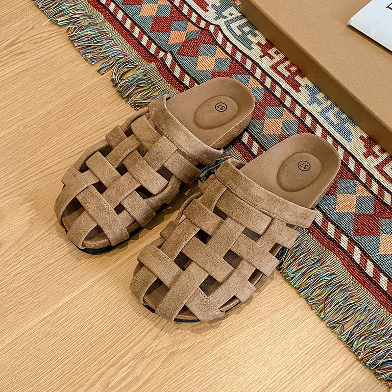 Women's Solid Color Breathable Mules Clogs, 2.5cm Woven Closed Toe Arch Support Sandals, Outdoor Beach Slides Home Slippers