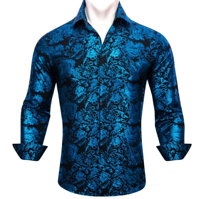 Luxury Silk Shirts for Men Long Sleeve Gold Black Floral | SAMAG