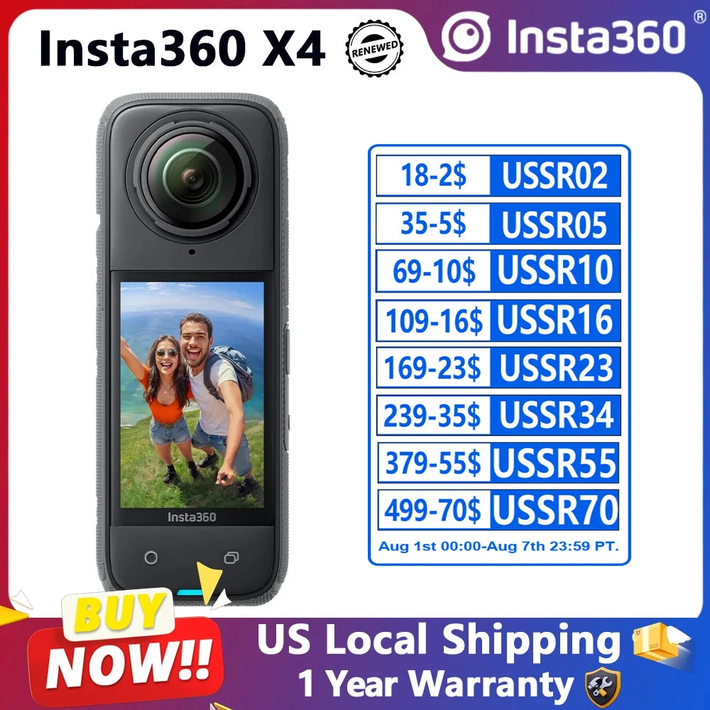 Insta360 X4 8K Panoramic Action Camera Refurbished 72MP Photos Digital Camera For Vlogging Cameras FlowState Stabilization 10M Waterproof Go Pro Vlogging 360° Camera Fast Shipping From US