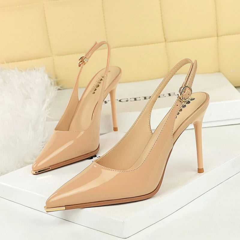 Fashionable Simple Patent Leather Pointed High Heel Shoes Slim Heels Single Shoes Behind Empty Back Trip Strap Women's Shoes