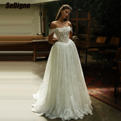  SoDigne A - line Off Shoulder Lace Wedding Dresses | SAMAG
