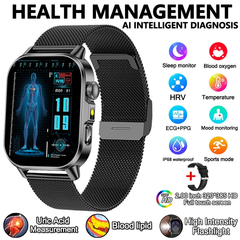2026 New Professional-Grade Health Smart Watch Men ECG BP HR Uric Acid Lipid BMI Body Analysis Bluetooth Call Smartwatch Women
