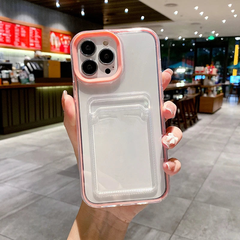 Simple Fashion Card Pocket Bag Colorful Bumper Phone Case For iPhone 16 17 Pro Max 15 14 13 12 11 16 Plus Air Clear Back Cover