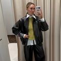 Street Leather Skirts Sets Women High Neck Long Sleeves Zipper High Waist Split Loose Suits Female 2026 Autumn New Chic Set Lady