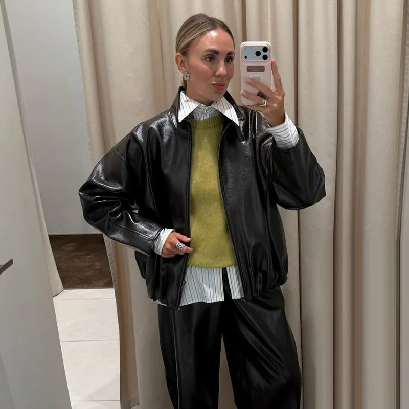 Street Leather Skirts Sets Women High Neck Long Sleeves Zipper High Waist Split Loose Suits Female 2026 Autumn New Chic Set Lady