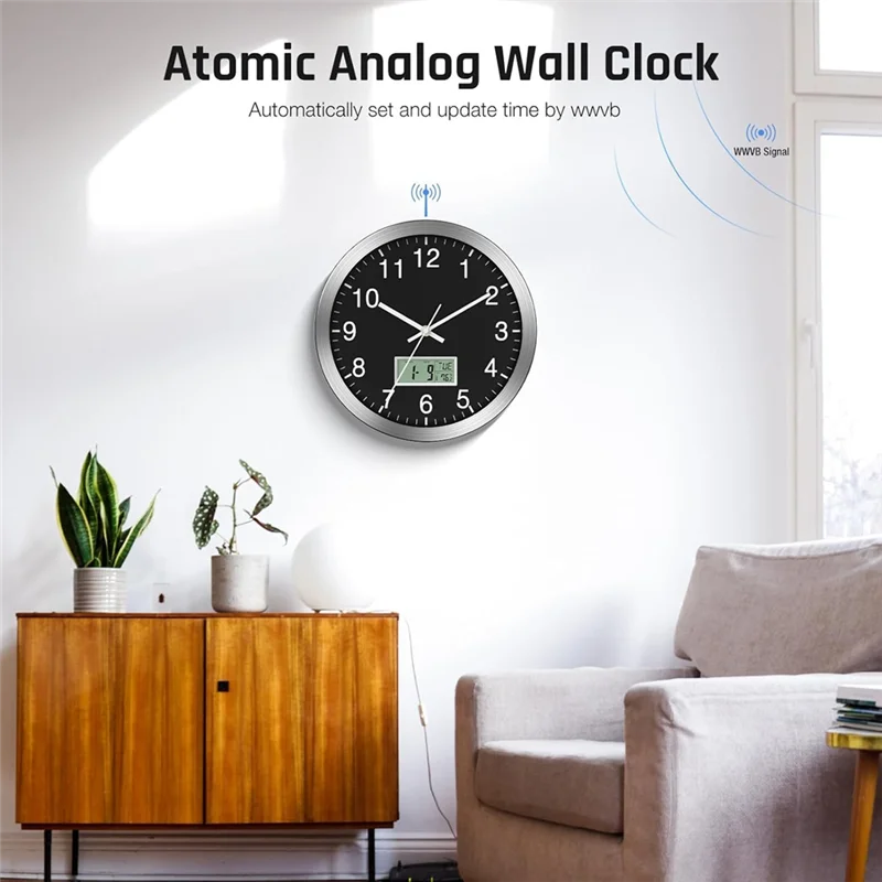 12Inch Wall Clock With Digital Date, Week & Indoor Temp - Battery Operated Wall Clock, Auto Sets,Easy To Read-AT64