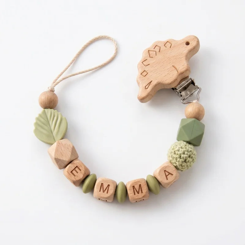 Personalized Name Pacifier Clip Silicone Wooden Dinosaur Baby Teether Holder BPA Free Custom Soother Chain Handmade Dummy Clip