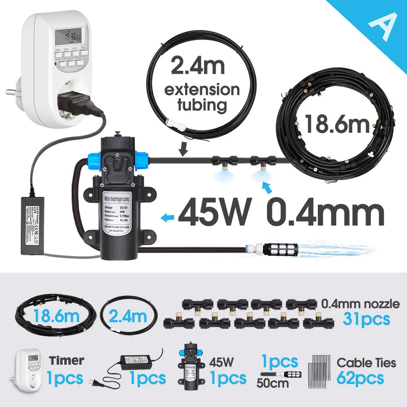 45W Pump 0.4MM Automatic Timing Cooling Watering System 6/9/12/18/21M Outdoor Garden Irrigation Kit Brass Mist Nozzles Sprayer