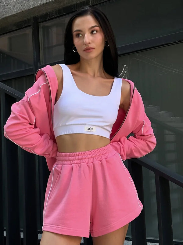 2026 Spring/Summer Casual Women's Stand up Collar Jacket Loose Shorts Long Sleeve Zipper Pocket Coat Fashion Sports Set