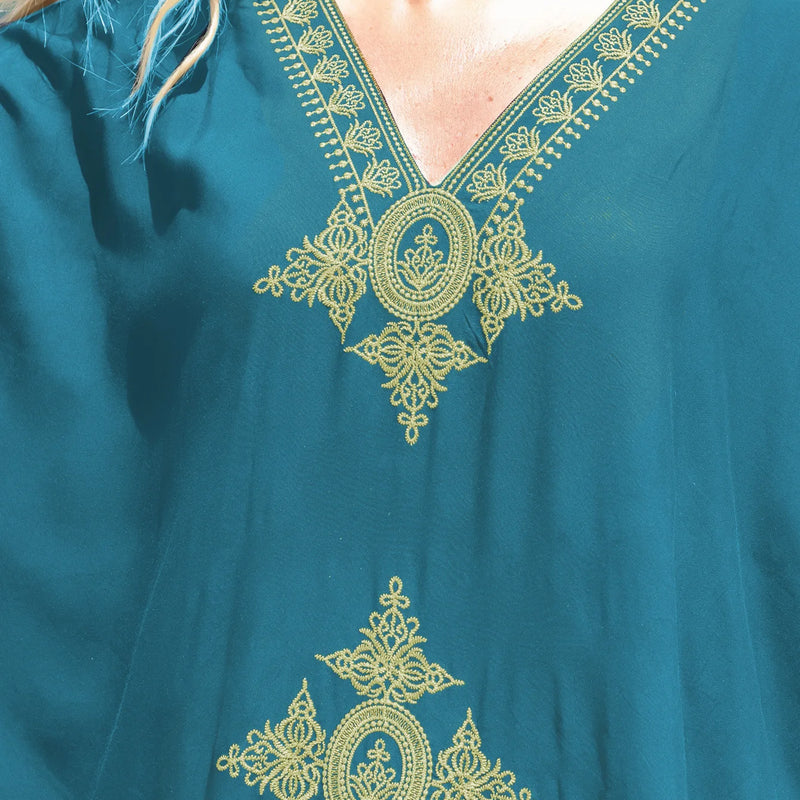 Women's Clothing Gold Embroidery Long Kaftan Dresses V Neck Caftan Dress Beach Cover Ups Tunic Maxi Dress