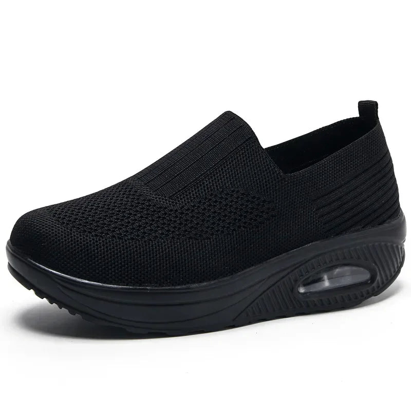 Women Knitted Mesh Sneakers Breathable Casual Sport Shoes Wedge Platform Rocking Shoes Increasing Ladies Vulcanized Shoes2024