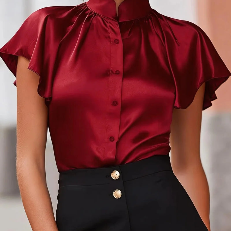Women's Short Sleeve Satin Blouse Stand Collar Ruffle - View 4 | SAMAG