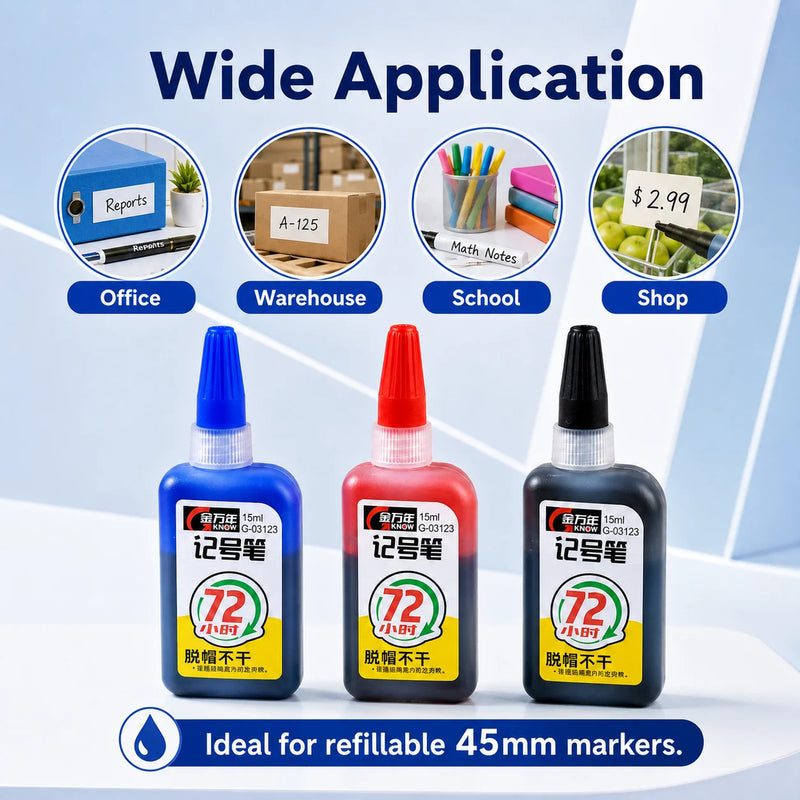 15ml 45mm Oil-Based Marker Refill Ink Cap off Feature Blue Red Black Color up to 72 Hours Durability for Business Supplies