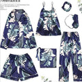 Spring Autumn 7 Pieces Set Silk Elegant Women Pajamas Print Shorts Long Sleeve Top Elastic Waist Pants Lounge Sleepwear
