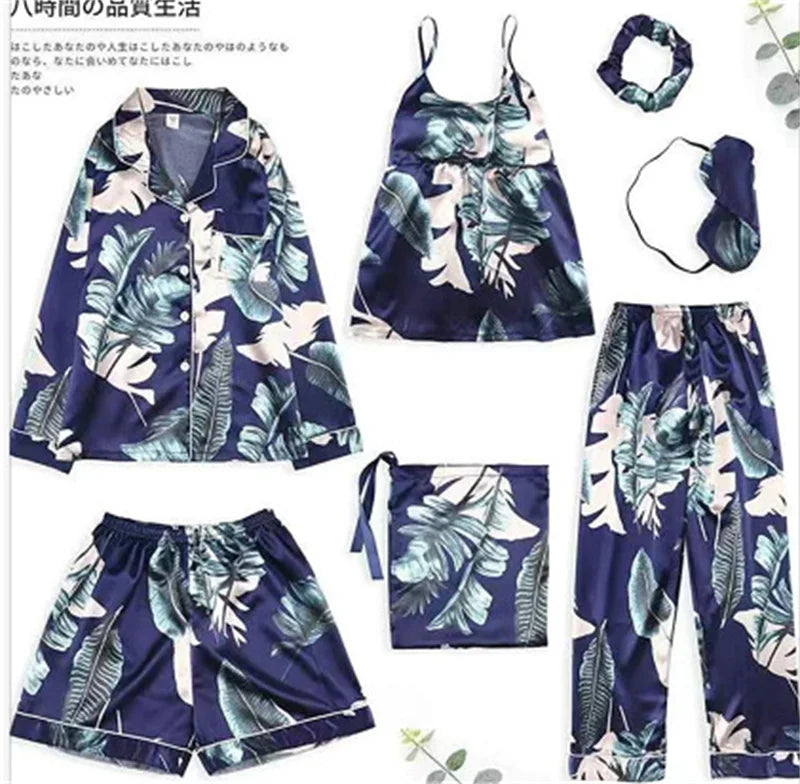 Spring Autumn 7 Pieces Set Silk Elegant Women Pajamas Print Shorts Long Sleeve Top Elastic Waist Pants Lounge Sleepwear