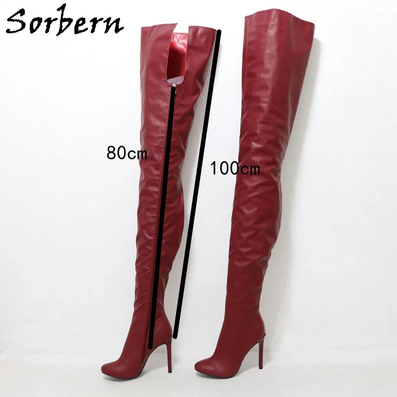 Sorbern 80Cm Crotch /100Cm Shaft Length Boots Women High Heel Wine Red Black Matte Shoes Round Toe Custom Crossdresser Boot
