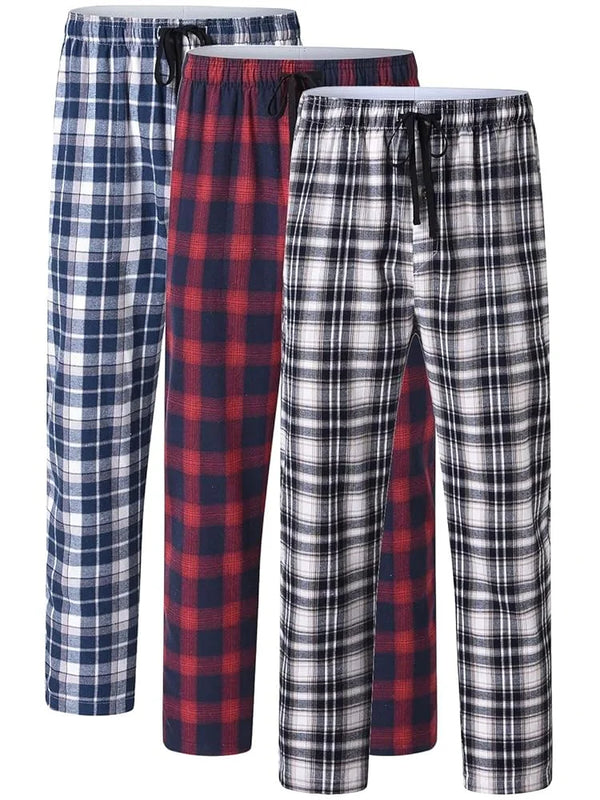 Men's 3Pcs Pajama Sleeping Pants Cotton Plaid Pjs, Long Plaid Print Sleepwear Pajama Pants with Elastic Waist Homewear