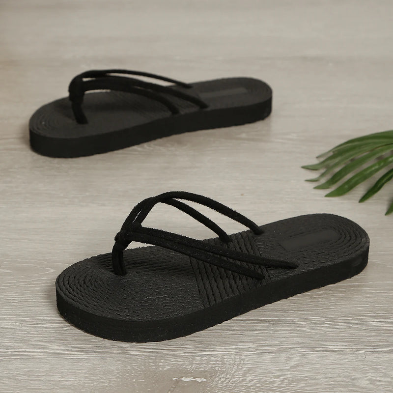 Women's fashion trend pure black belt anti-slip wear flat flip-flops