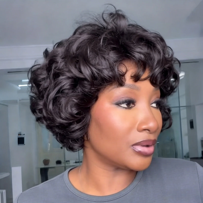  Brazilian Human Hair Wig Short Pixie Cut Egg Bob with Bouncy Curly Springy Curls Natural Looking for women  Full Machine Made