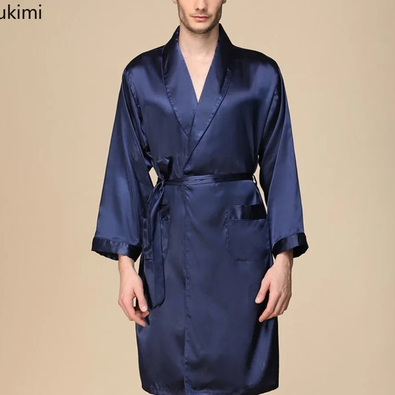 Summer Silk Bathrobe Man Nightrobes Large Size Ice Silk Printed Pajamas One-piece Robe Male Loungewear Men Kimono Home Mens Robe
