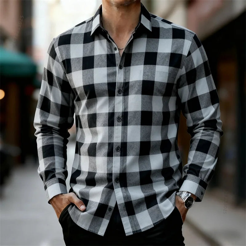 Men's Classic Red and Black Plaid Long-Sleeved Shirt | SAMAG