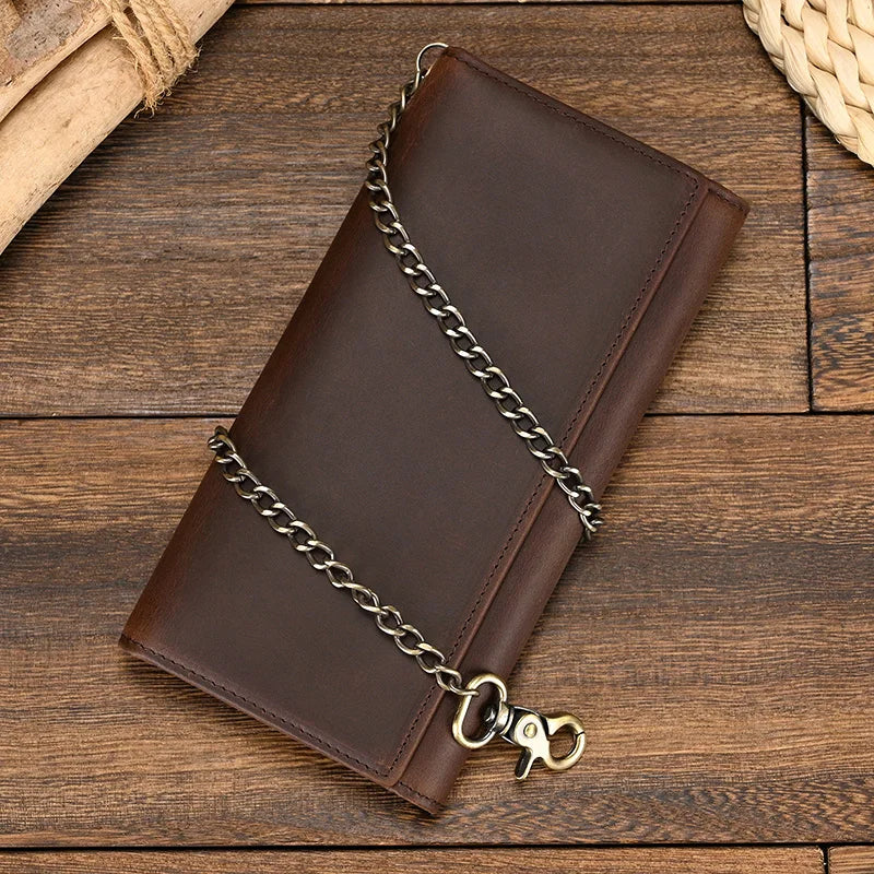 Men's Vintage Crazy Horse Leather Chain Wallet Genuine Leather Bifold Long Wallet Snap Card Holder Purse Zipper Coin Rfid Pocket