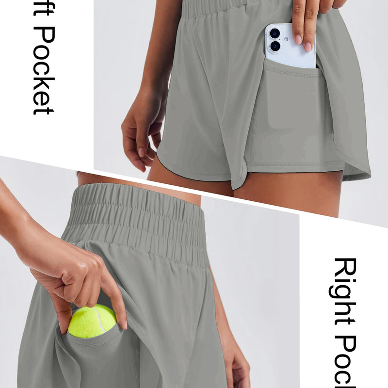 Porty Lady Solid Color High-Waist Yoga Running Double-Layered Anti-Glare Fitness Tight-Fitting Sports Shorts