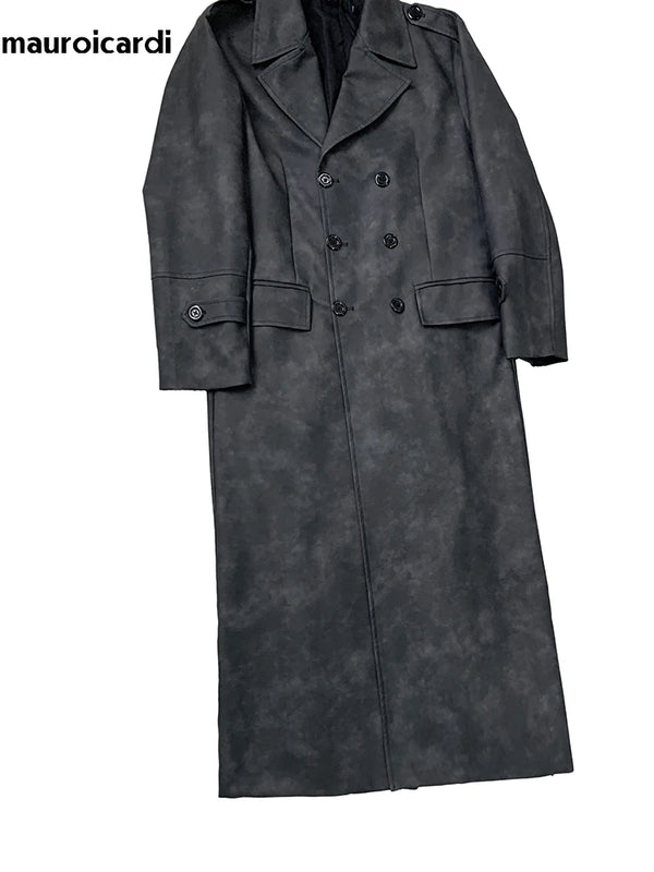 Mauroicardi Spring Autumn Extra Long Distressed Pu Leather Trench Coat Men Belt Double Breasted Luxury Designer Clothes Fashion