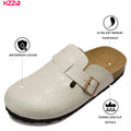 KZZO Waterproof Genuine Leather Mules for Women Non Slip Clog Shoes Outdoor Home Comfort Slip On Flat Adjustable Strap White