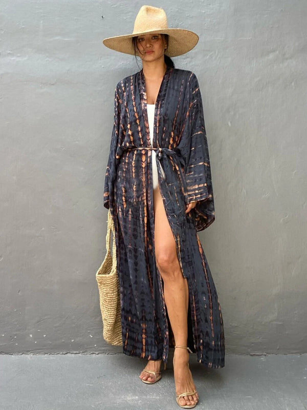 Bikini Cover Up Tie Dye Printed Swimsuit Cape Pareo Bohemian Beach Kimono Dresses Self Belted Bathing Suits Dropshipping
