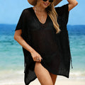 Pure Color V-Neck Side Slit Tie Up Knitted Top, Casual Loose Fit Hollow Out Beach Cover-Up, Vacation Style Plain Beachwear