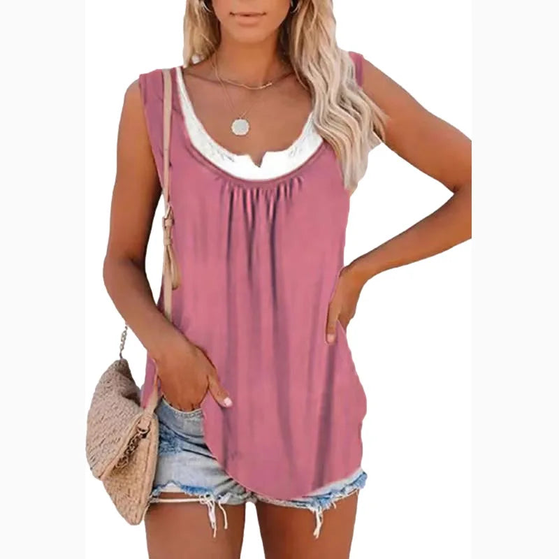 2024 summer new Europe and the United States women's blouse solid color patchwork sleeveless pleated vest T-shirt
