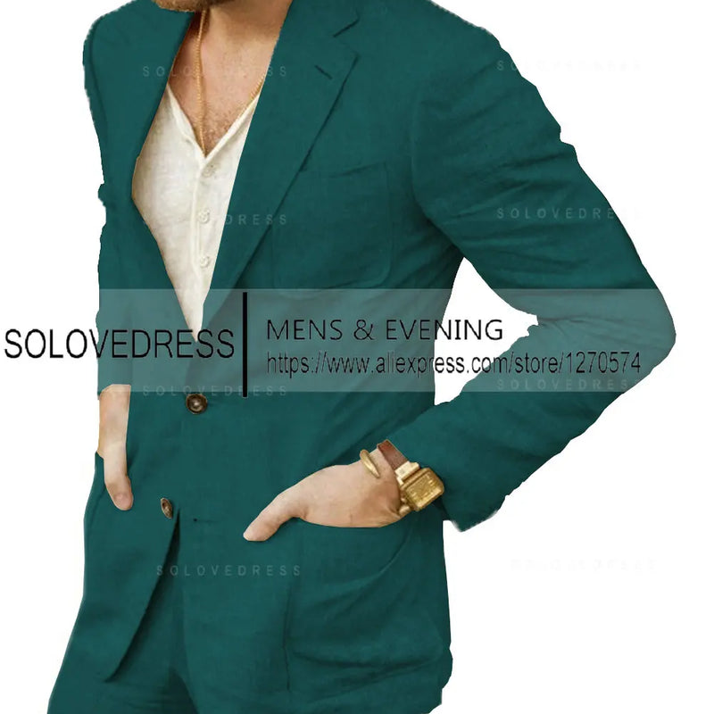 Summer Linen Suit Men Casual Party Classic Blazer Pants 2 Pieces Holiday Travel Tailor-made Breathable Cool Male Outfits