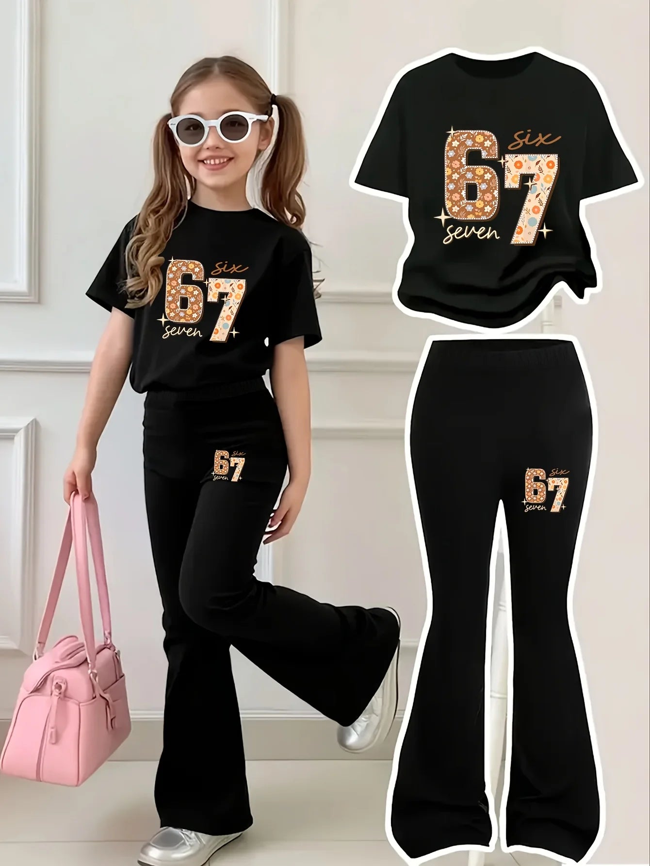 Girls' Casual Short-Sleeve Set: Regular Short-Sleeve Top + Black Flared Pants Two-Piece Set with 67 Number + Six Seven Print, Fashionable and Trendy, Suitable for Girls Aged 4-12, Versatile Clothing