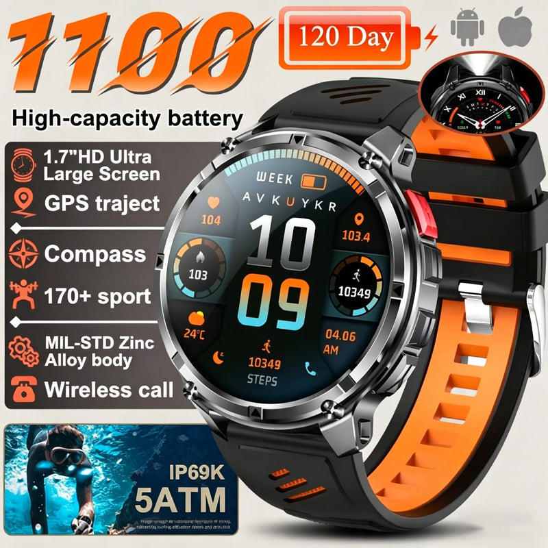 New T-REX3 Ultra 1100mAh Battery SmartWatch 10ATM Waterproof GPS Compass Flashlight 1.7" AMOLED HD Call Sports Smart Watch Men