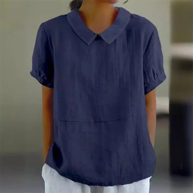 Solid Color Cotton Linen Lapel Pullover Shirt Women - View 4 | SAMAG