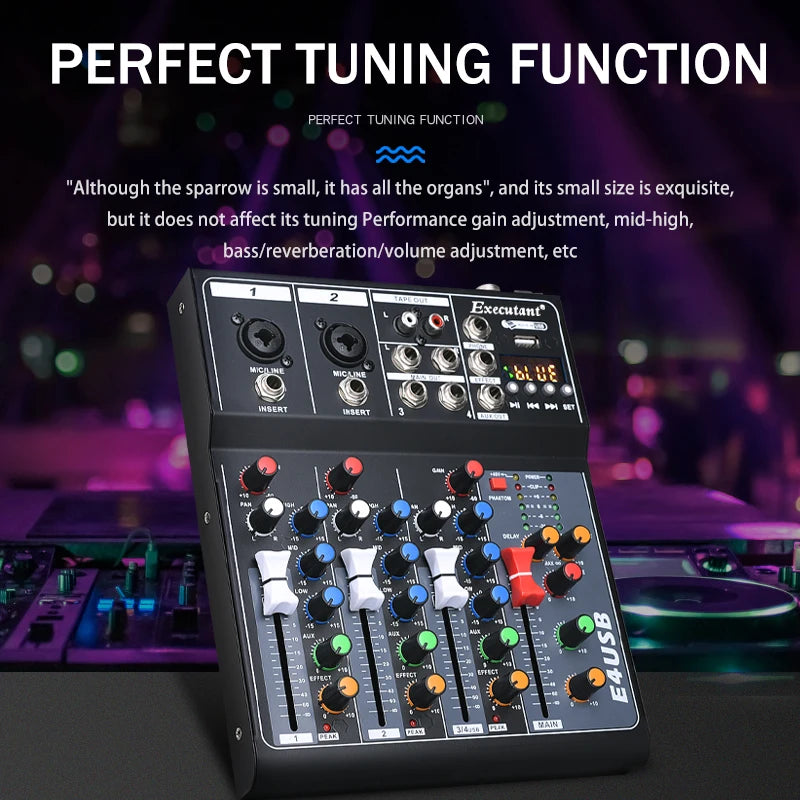Professional 4-Channel Built-in Bluetooth Reverb Effect Stage Performance Home Mini Sound Mixer Controller