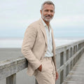 Men's linen casual men's beach party business suit two-piece wedding tailcoat set with split collar suit jacket and pants