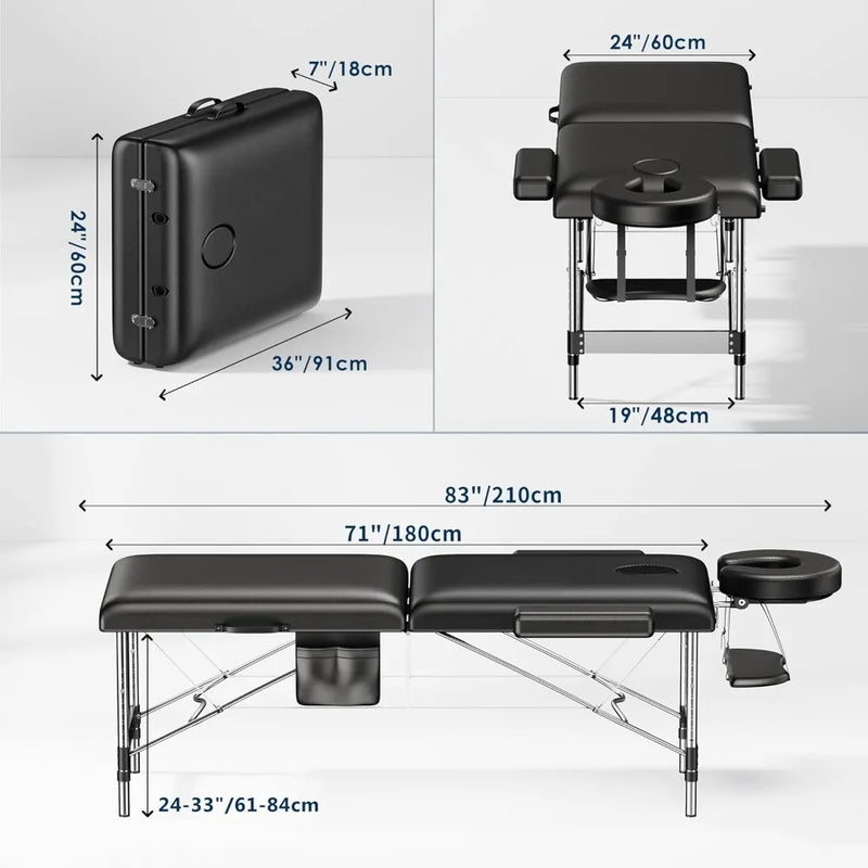 Massage Table Portable, 2-Fold Lash Bed with Side Pocket, Adjustable Height, Sturdy Aluminum Frame, Esthetician Spa Facial