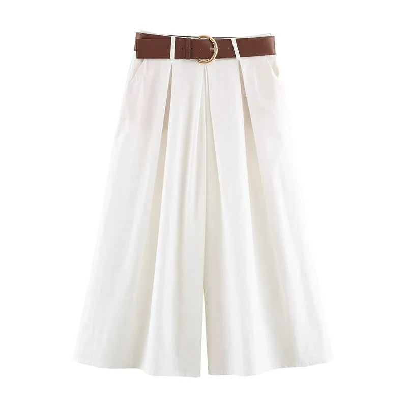 Guobioziy Women's Cropped Pants 2026 Summer New White Wide-Leg Loose Cropped Pants with Belt Casual Fashion Versatile