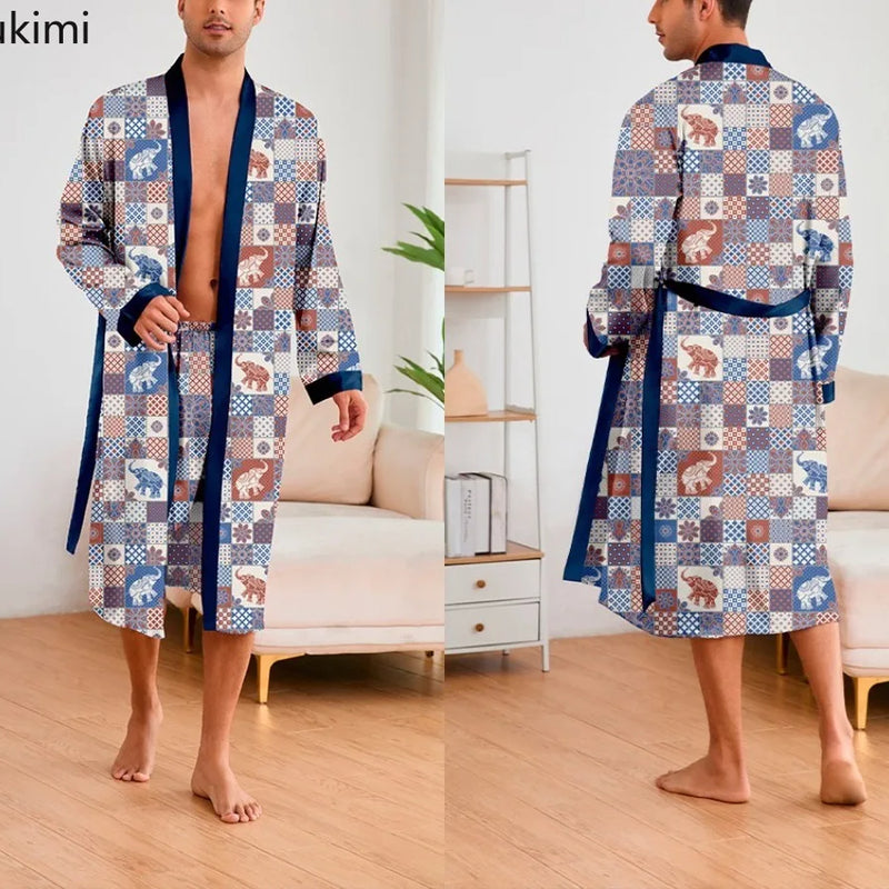 Men's Ice Silk Sleepwear Two-piece Set Kimono Bathrobe Gown Long Robe Pajamas Set Print Tiger Loose Casual Homewear Lounge Wear