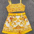 Designer retro geometric print sexy tube top suspender two-piece 2026 summer women's dress+straight short fashion suit