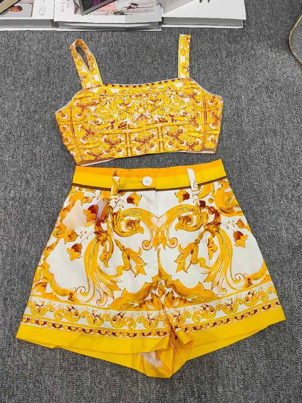 Designer retro geometric print sexy tube top suspender two-piece 2026 summer women's dress+straight short fashion suit