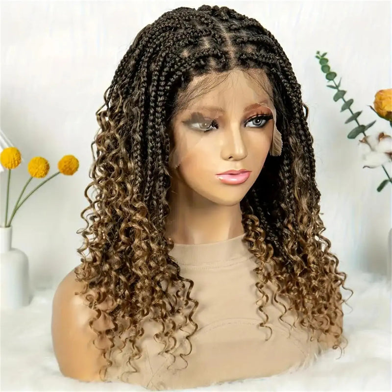 14/16/18" Short Knotless Box Braided Wig with Curly Ends Synthetic Full Lace Boho Braided Hair Wigs for Black Women Fluffy Wig