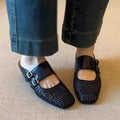 Women Woven Mules Hollow Out Leather Clogs Double Strap Buckle Wedge Slippers Vintage Closed Toe Summer Mid Heel Sandals Shoes