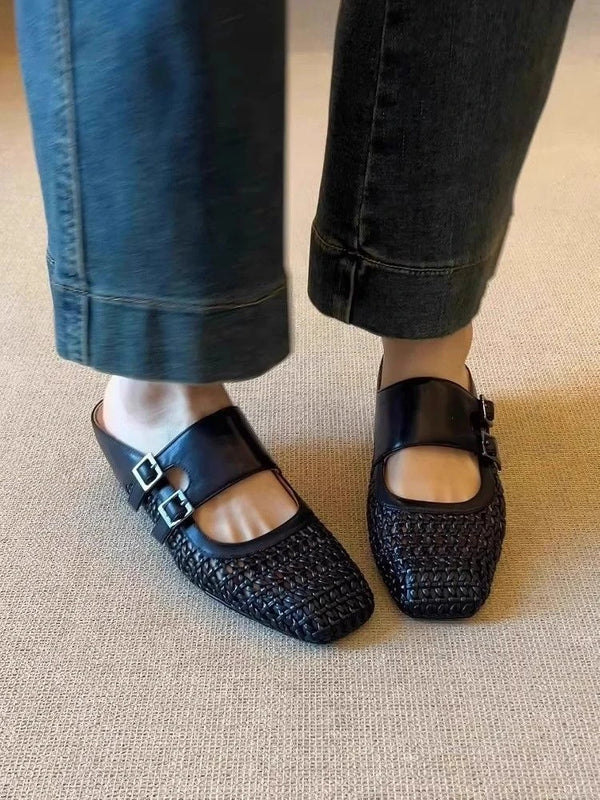 Women Woven Mules Hollow Out Leather Clogs Double Strap Buckle Wedge Slippers Vintage Closed Toe Summer Mid Heel Sandals Shoes