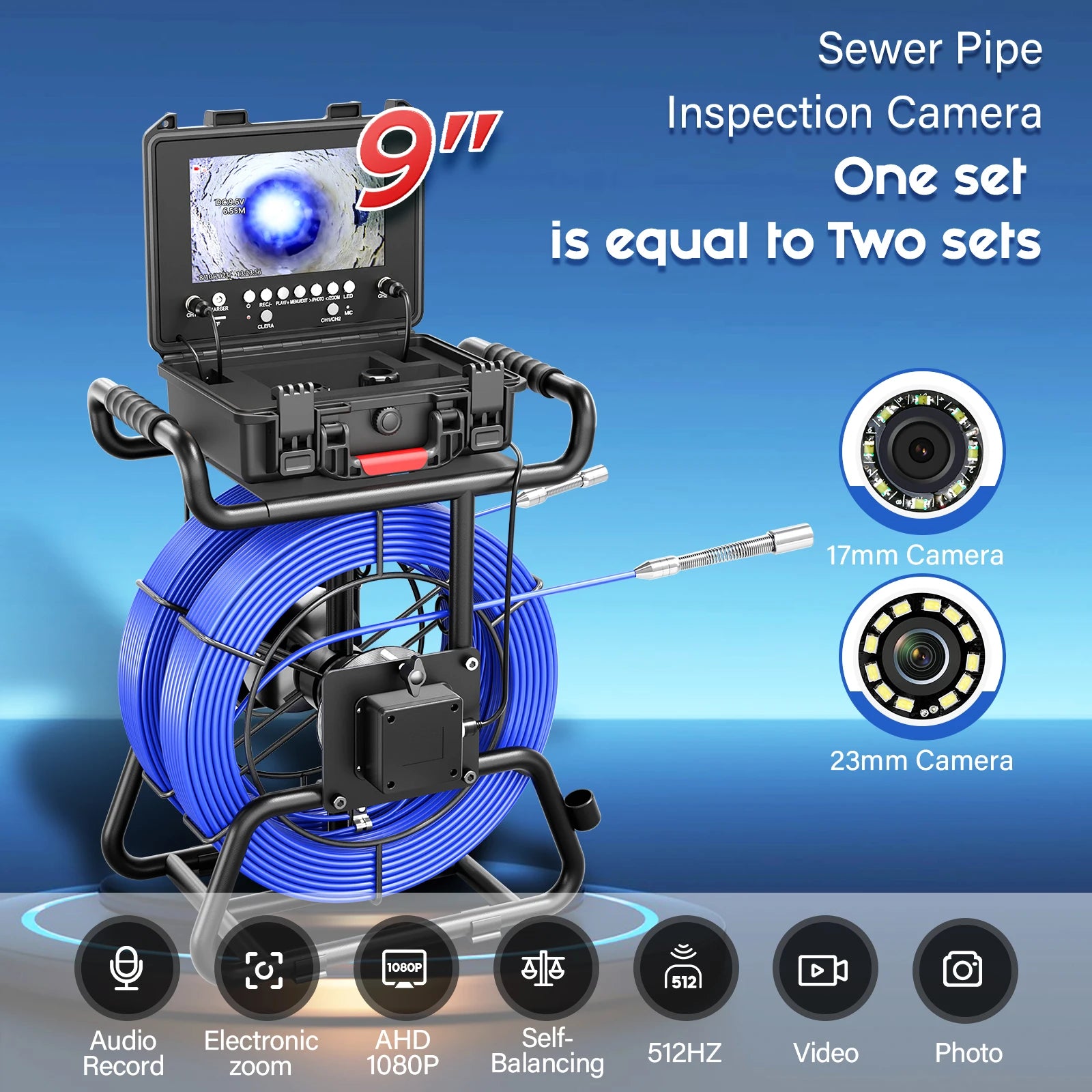 Sewer Pipe Inspection Camera 9“ IPS +Dual-Lens 1080P Sewer Camera +Meter Counter+5/7MM Fiberglass Cable+512HZ Self-leveling