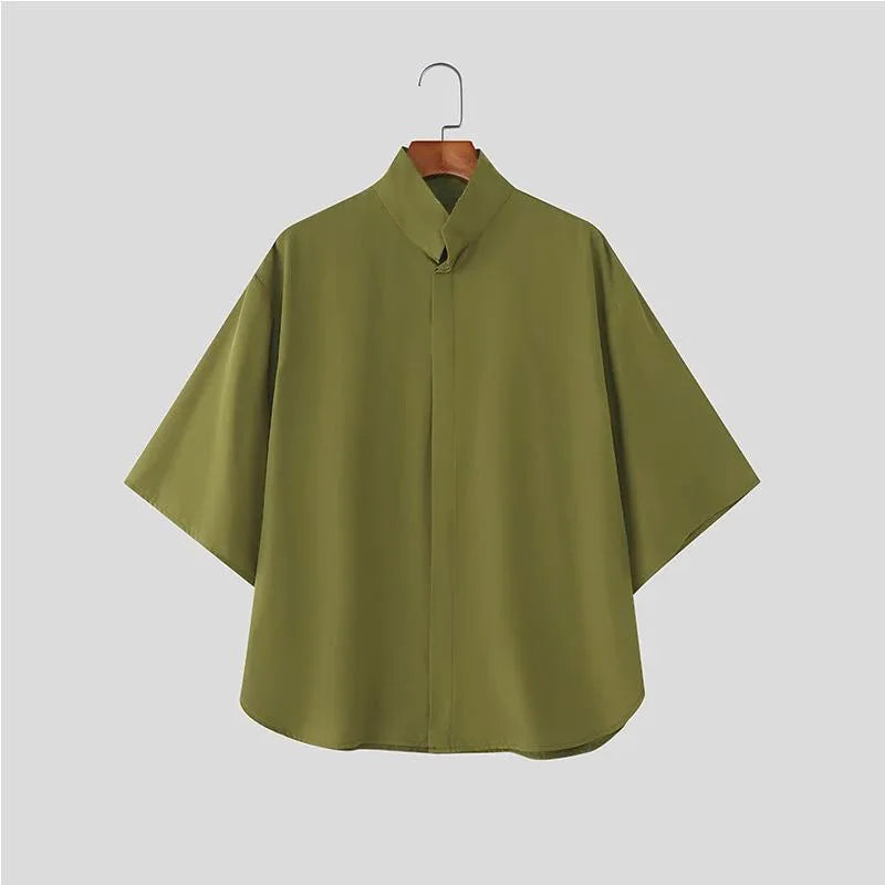 Japanese Style Men Stand Collar Half Sleeve Shirt Loose | SAMAG