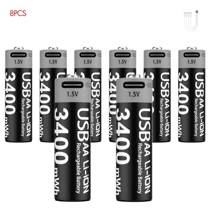 1.5V AA 3400mAh USB Type-C Rechargeable Lithium Battery for Hunting Camera Remote Control Mouse Smart Door Lock Microphone